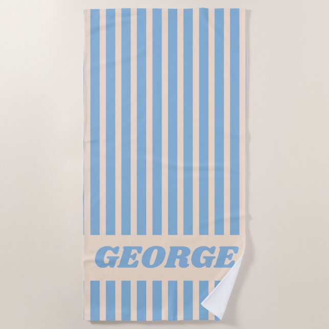 Serviette De Plage Moderne Été Bleu Clair Rayé Personnalisé (Devant)