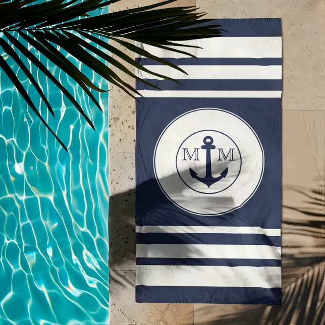 Serviette De Plage Moderne Monogramme Rayures Blanches Bleu Marine Na (Créateur téléchargé)