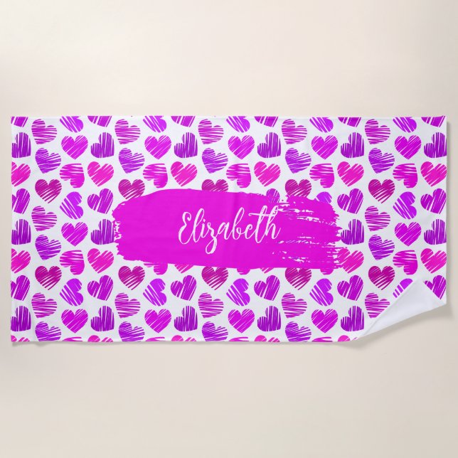 Serviette De Plage Moderne Purple Rose Doodled Hearts Valentine Nom (Devant)