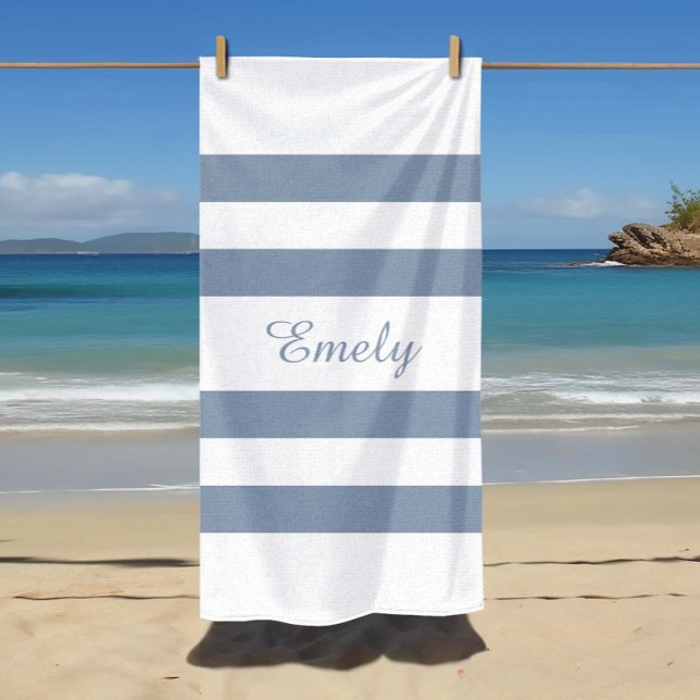 Serviette De Plage Moderne rayé bleu poussiéreux  (Modern Dusty Blue Striped Beach Towel)