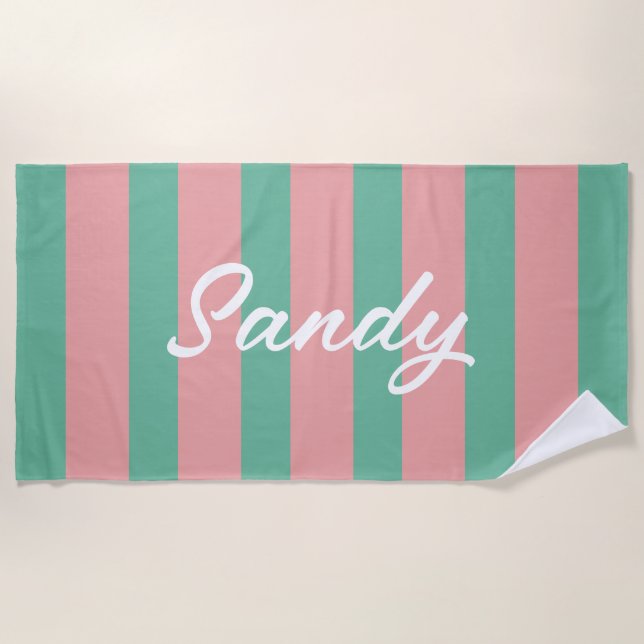 Serviette De Plage Moderne rose foncé & vert nom personnalisé (Devant)