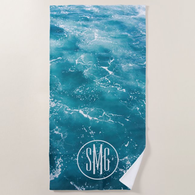 Serviette De Plage Moderne Turquoise Blue Ocean Waves Motif Monogramm (Devant)