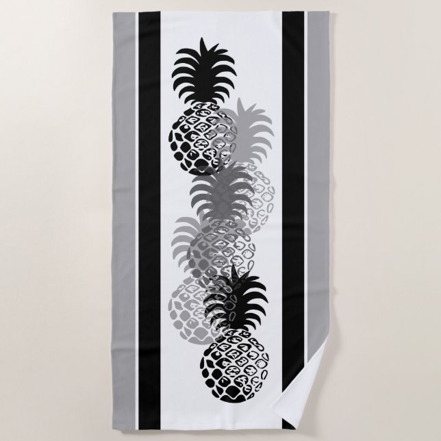 Serviette De Plage Momona Ananas Hawaiian rayé Tropical -Noir (Devant)