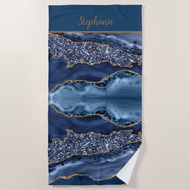 Serviette De Plage Monogram Blue Gold Parties scintillant Agate Motif (Devant)