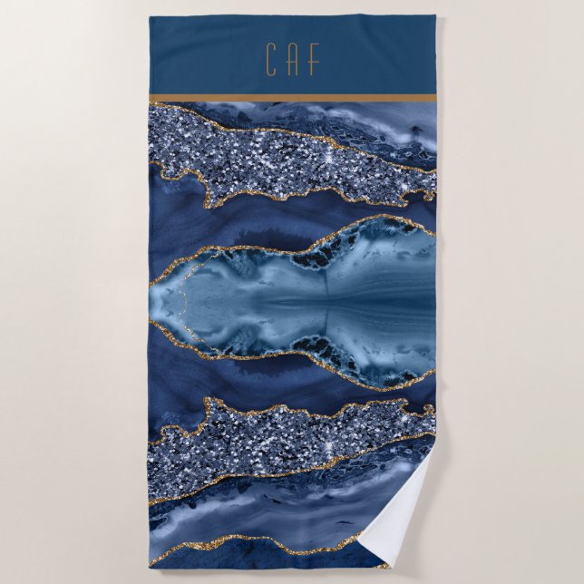 Serviette De Plage Monogram Blue Gold Parties scintillant Agate Motif (Devant)