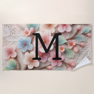 Serviette De Plage Monogram lace floral pink pastel cherry blossom 