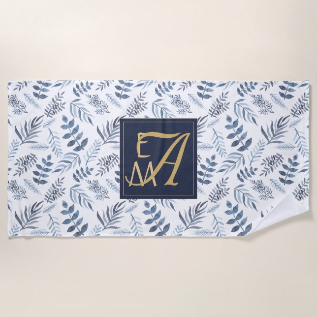 Serviette De Plage Monogram Marine Blue Gold Botanique Feuilles Ferns (Devant)