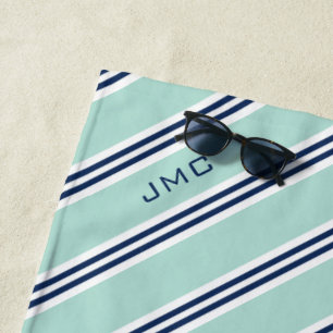 Serviette De Plage Monogramme à 3 lettres et bandes bleues