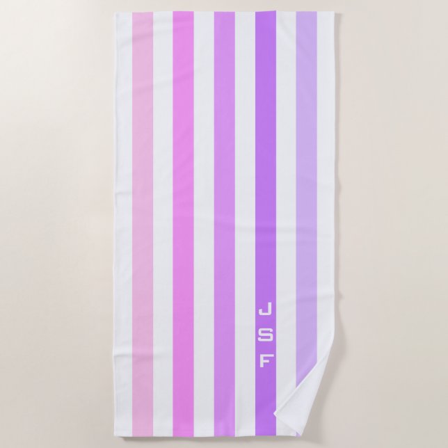 Serviette De Plage Monogramme à bandes verticales violettes et roses (Devant)