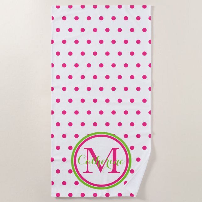 Serviette De Plage Monogramme à pointes rose et vert Preppy (Devant)