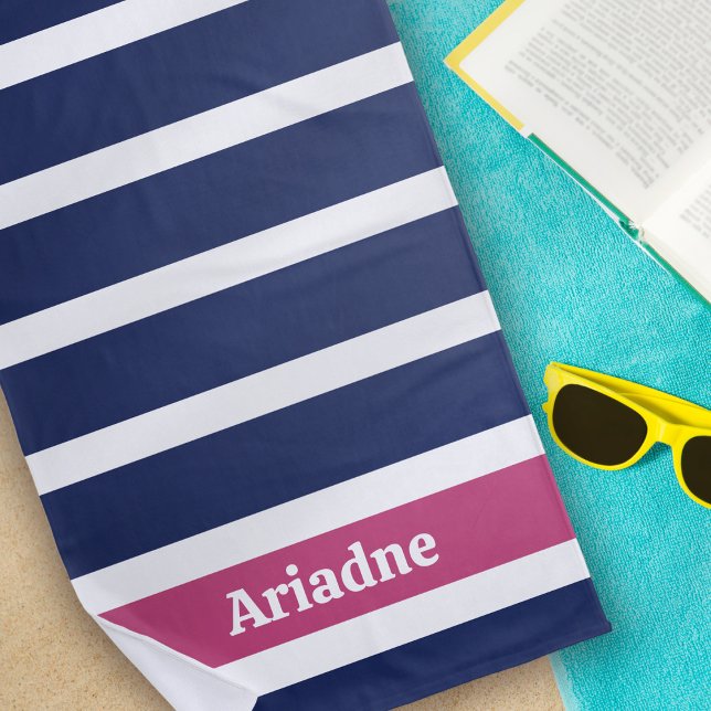 Serviette De Plage Monogramme à rayures bleu blanc rose (Créateur téléchargé)