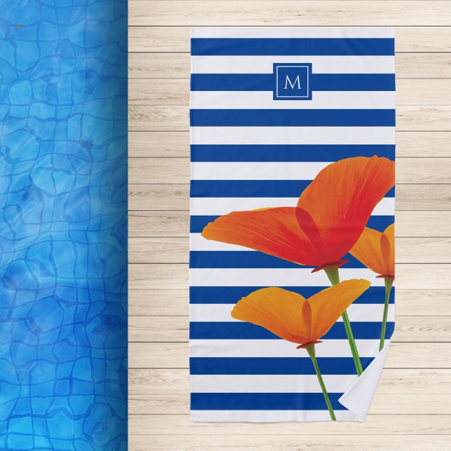 Serviette De Plage Monogramme à rayures bleu chic (Créateur téléchargé)
