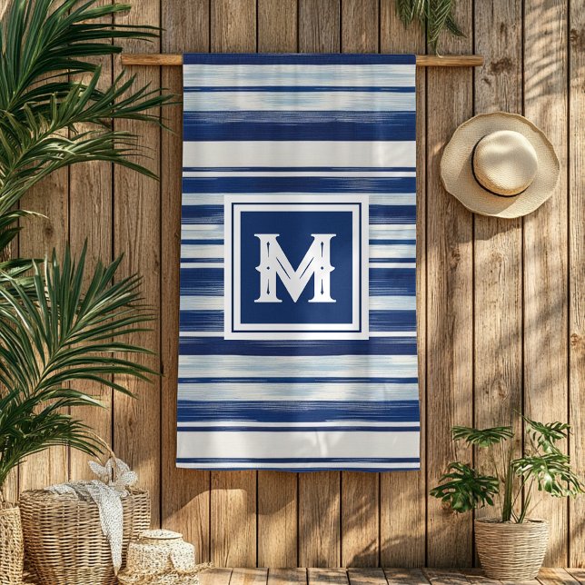 Serviette De Plage Monogramme à rayures bleues et blanches (Créateur téléchargé)