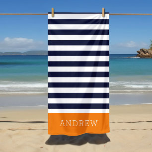Serviette De Plage Monogramme à rayures orange et marine