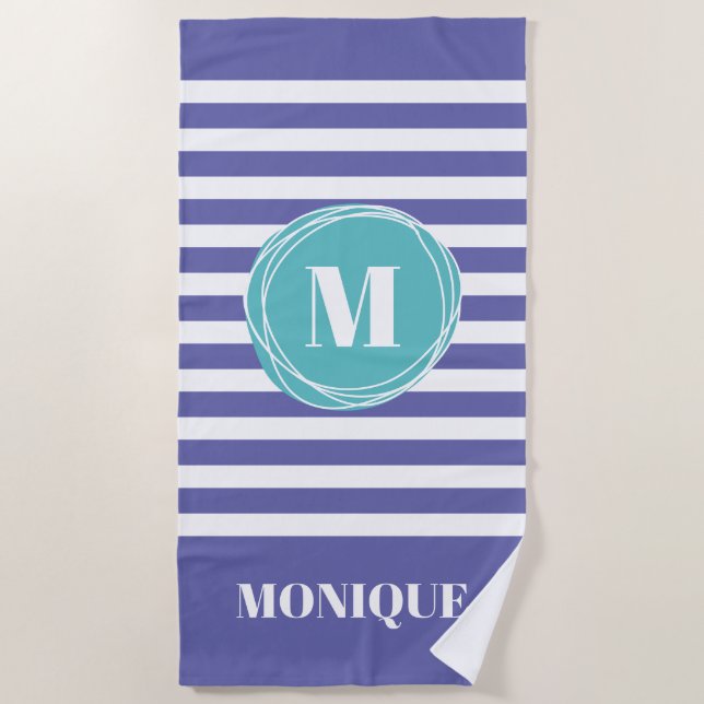 Serviette De Plage Monogramme à rayures tendance personnalisé (Devant)