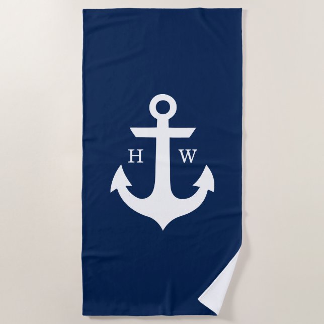 Serviette De Plage Monogramme Ancre bleu marine (Devant)