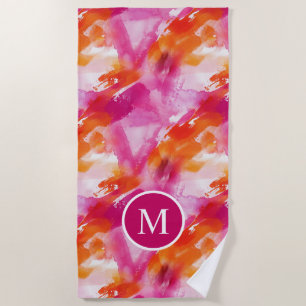 Serviette De Plage Monogramme Aquarelle rose orange Abstrait