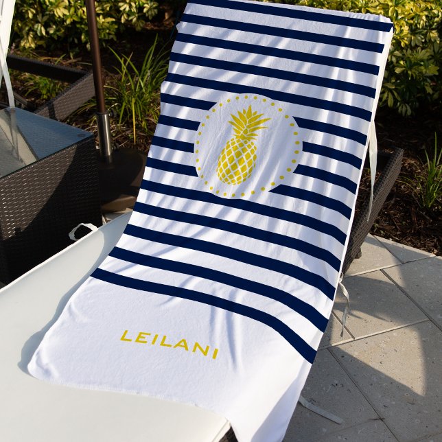 Serviette De Plage Monogramme Bande de marine avec ananas jaune | (Créateur téléchargé)