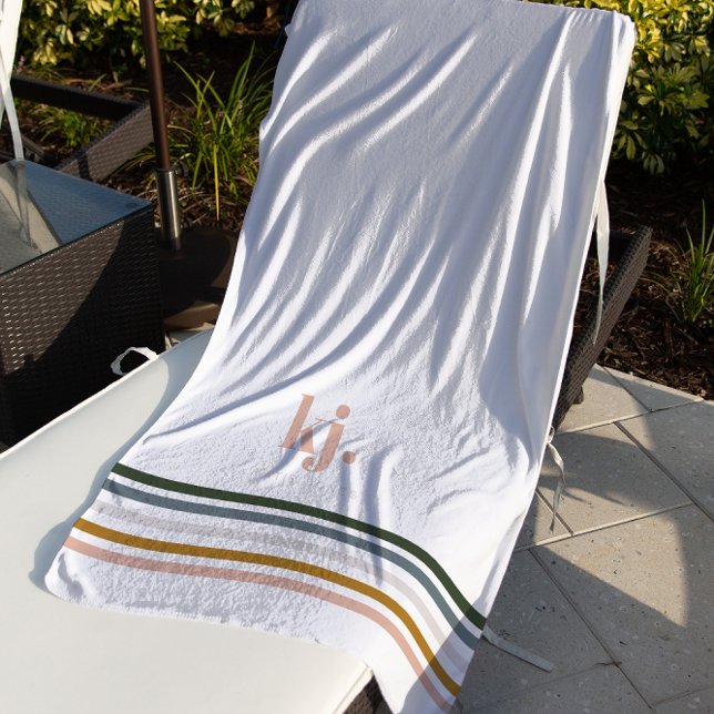 Serviette De Plage Monogramme Bandes Rétro Chic (Créateur téléchargé)