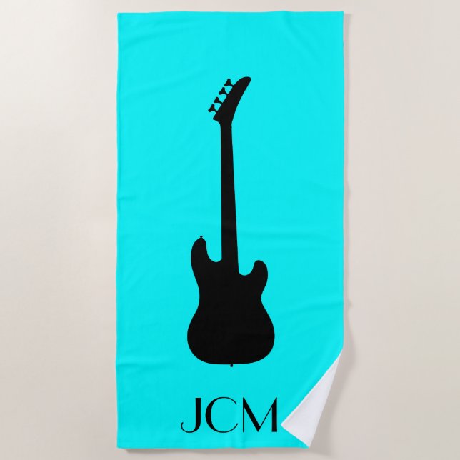 Serviette De Plage Monogramme Black Electric Bass Guitare / Aqua Blue (Devant)
