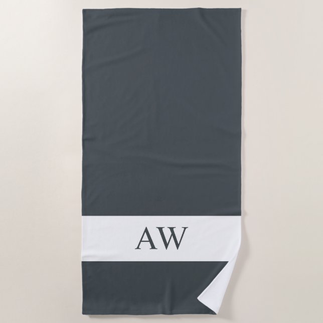 Serviette De Plage Monogramme blanc gris foncé chic (Devant)
