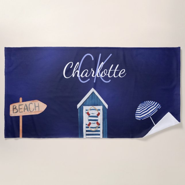 Serviette De Plage Monogramme bleu de la fête de plage (Devant)