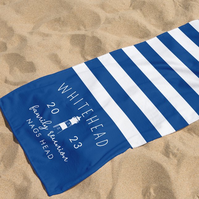 Serviette De Plage Monogramme bleu en bande de phare nautique (Créateur téléchargé)