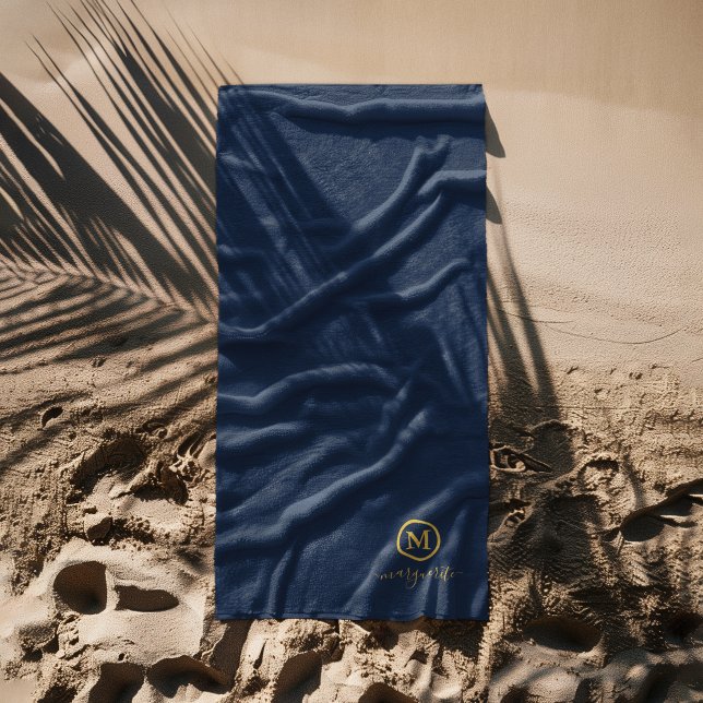 Serviette De Plage Monogramme bleu marine et or (Créateur téléchargé)