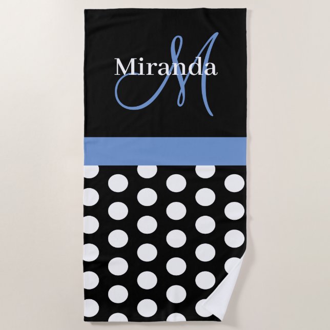 Serviette De Plage Monogramme bleu Noir Blanc Polka Dot Beach Serviet (Devant)