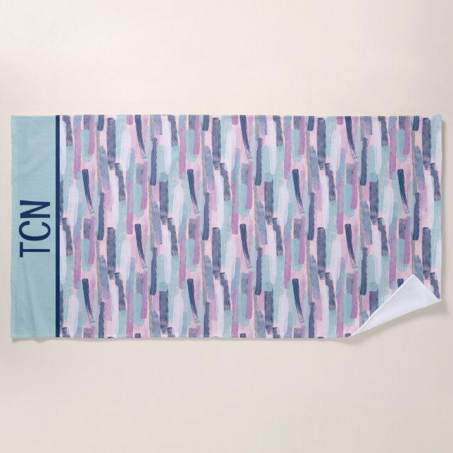 Serviette De Plage Monogramme Bleu Nuit Bleu Clair Violet Blanc Abstr (Devant)