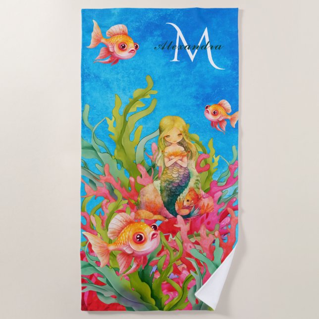 Serviette De Plage Monogramme bleu turquoise Nom Mermaid Beach Towel (Devant)