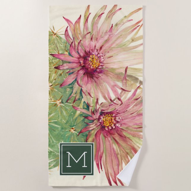 Serviette De Plage Monogramme| Blossoms roses de cactus (Devant)