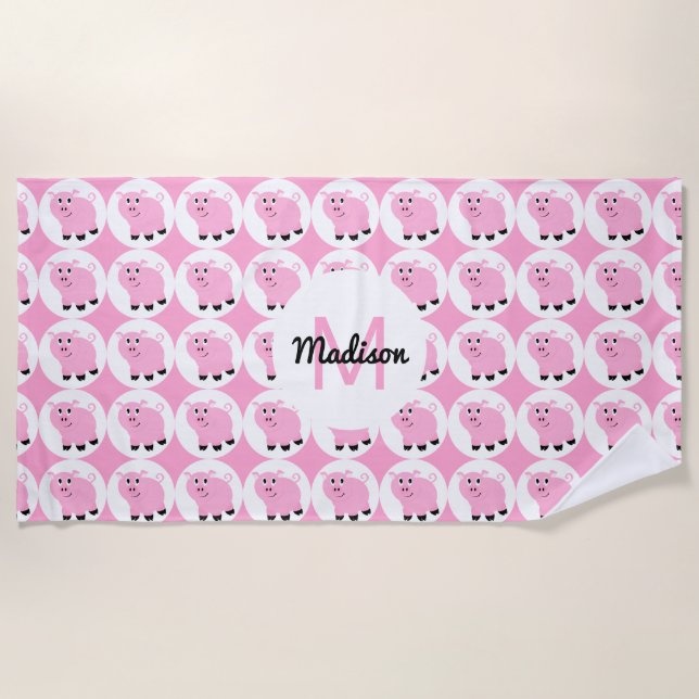 Serviette De Plage Monogramme Cute Pink Pig Motifs Girls Animal (Devant)