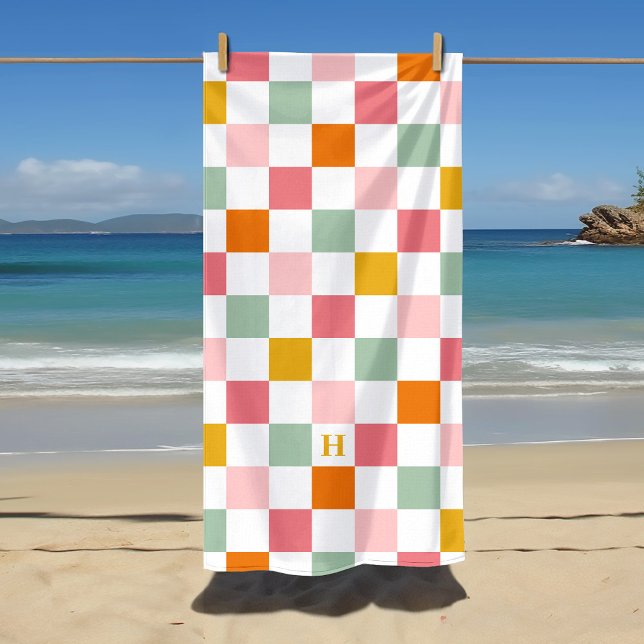 Serviette De Plage Monogramme damier coloré (Créateur téléchargé)