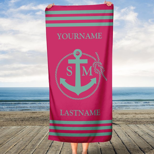 Serviette De Plage Monogramme d'Ancre marine Turquoise rose (Créateur téléchargé)