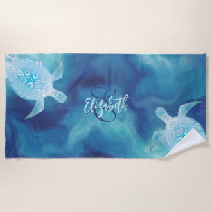 Serviette De Plage Monogramme d'aquarelle bleu tribal