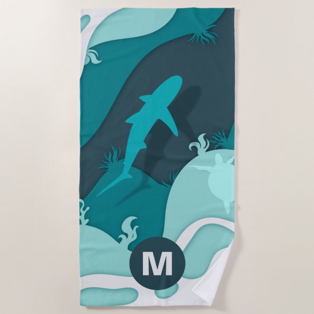 Serviette De Plage Monogramme d'art Abstrait cool requin et tortue (Devant)