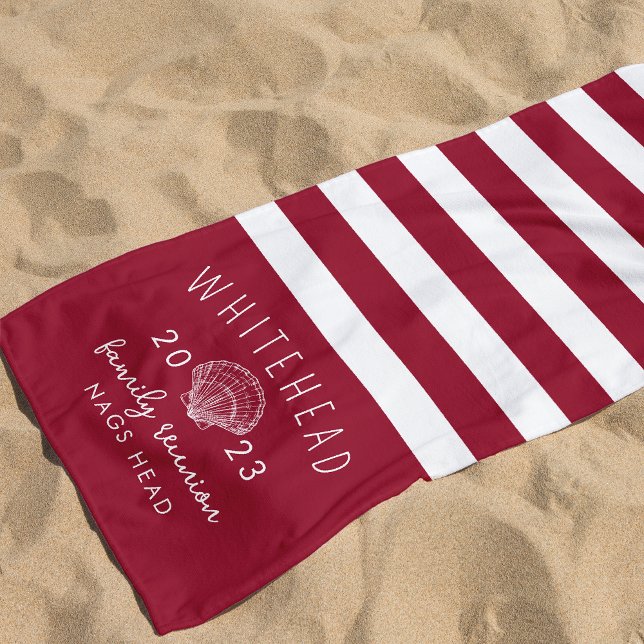 Serviette De Plage Monogramme de bande rouge coquille (Créateur téléchargé)