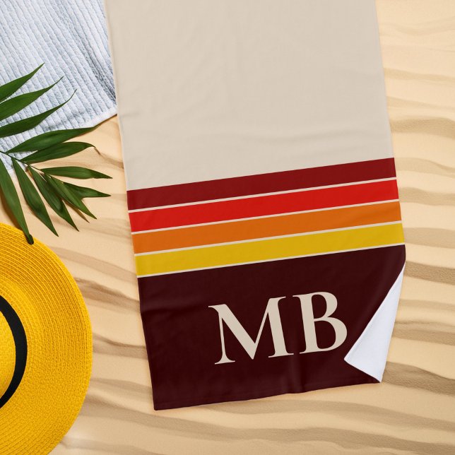 Serviette De Plage Monogramme de bandes rétro (Créateur téléchargé)