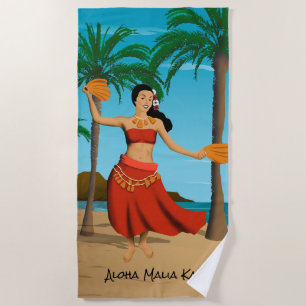 Serviette De Plage Monogramme de carte postale vintage hawaïenne en b