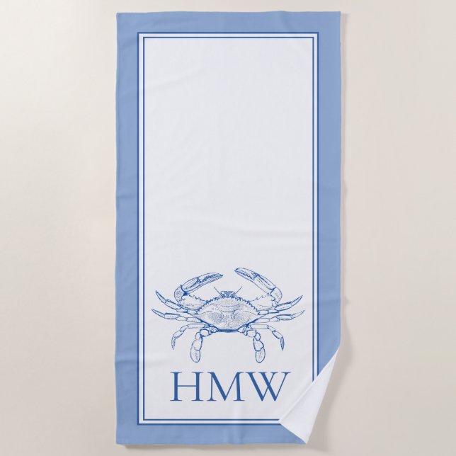 Serviette De Plage Monogramme de crabe bleu et blanc côtier (Devant)