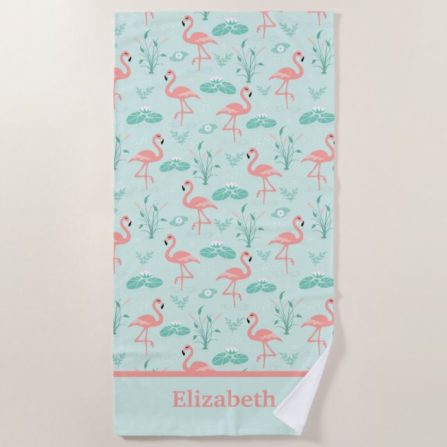 Serviette De Plage Monogramme de flamant rose tropical vert  (Devant)