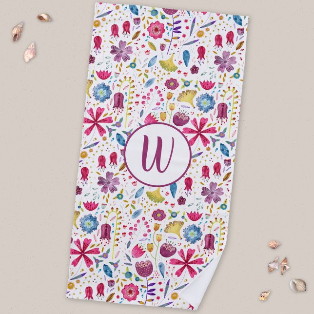 Serviette De Plage Monogramme de fleur de haie à l'aquarelle moderne (Hand painted watercolor wildflower monogram initial personalized beach towel)