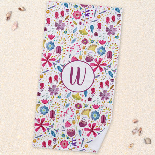 Serviette De Plage Monogramme de fleurs de haies d'aquarelle moderne