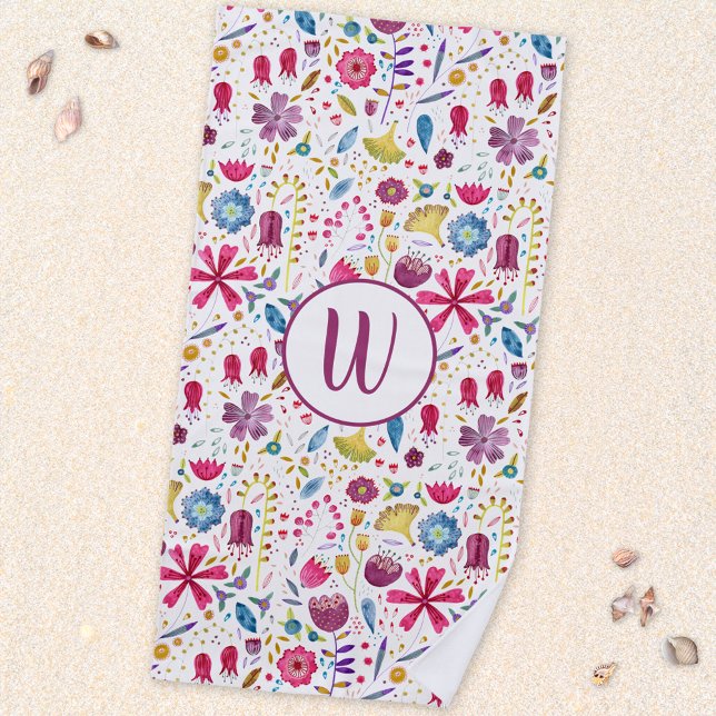 Serviette De Plage Monogramme de fleurs de haies d'aquarelle moderne (Hand painted watercolor wildflower monogram initial personalized beach towel)