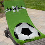 Serviette De Plage Monogramme de football pour enfants personnalisé<br><div class="desc">Serviette de plage personnalisée pour enfants avec un arrière - plan vert qui peut être changée en n'importe quelle couleur,  un terrain de football,  vos initiales,  nom et un football.</div>