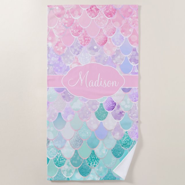 Serviette De Plage Monogramme de la petite fille Ombre Mermaid Motif (Devant)