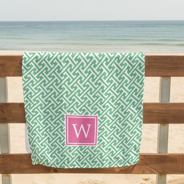 Serviette De Plage Monogramme de Motif géométrique rose et vert (Créateur téléchargé)