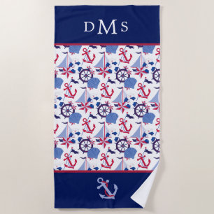 Serviette De Plage Monogramme de Motif marin bleu-rouge
