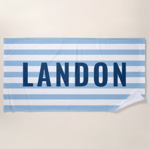 Serviette De Plage Monogramme de nom à rayure bleu marine moderne